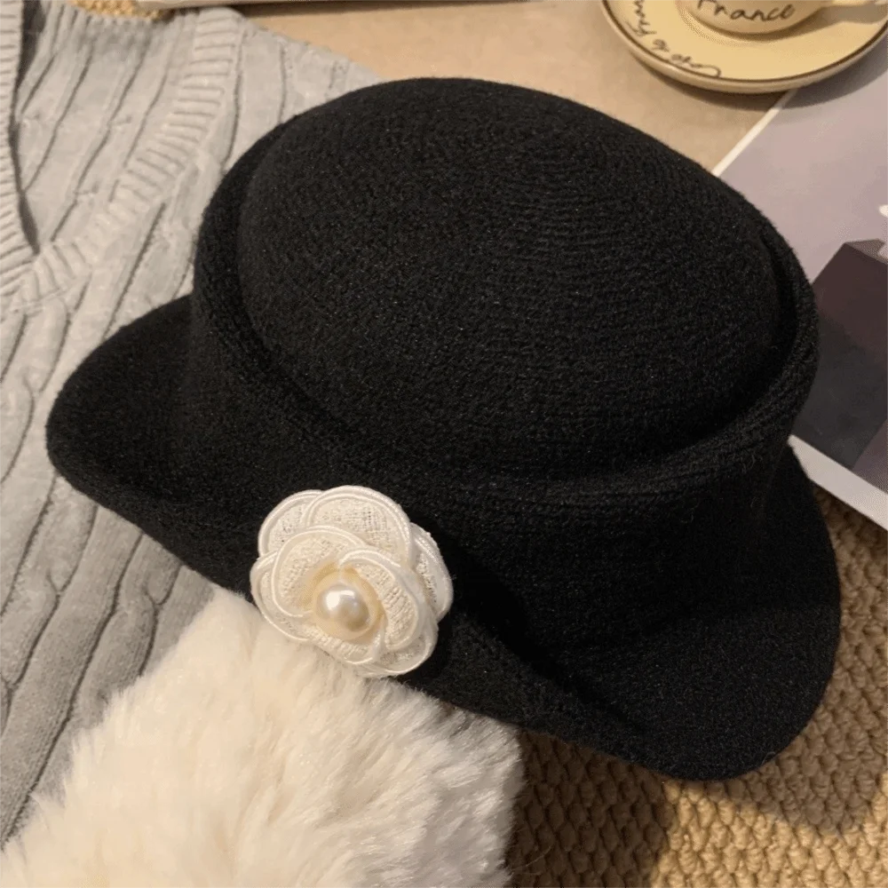 Retro French Style Hepburn Style Topper Hat Woolen Flat-top Black Felt Hat Wide Brim Beige Women Jazz Hat Bride