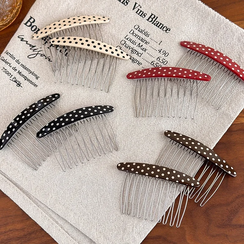 1pc Retro Polka Dot Acetate Hair Comb Curved Teeth Design Non Slip Hair Styling Clip for Women Volumizing Hair Accessory