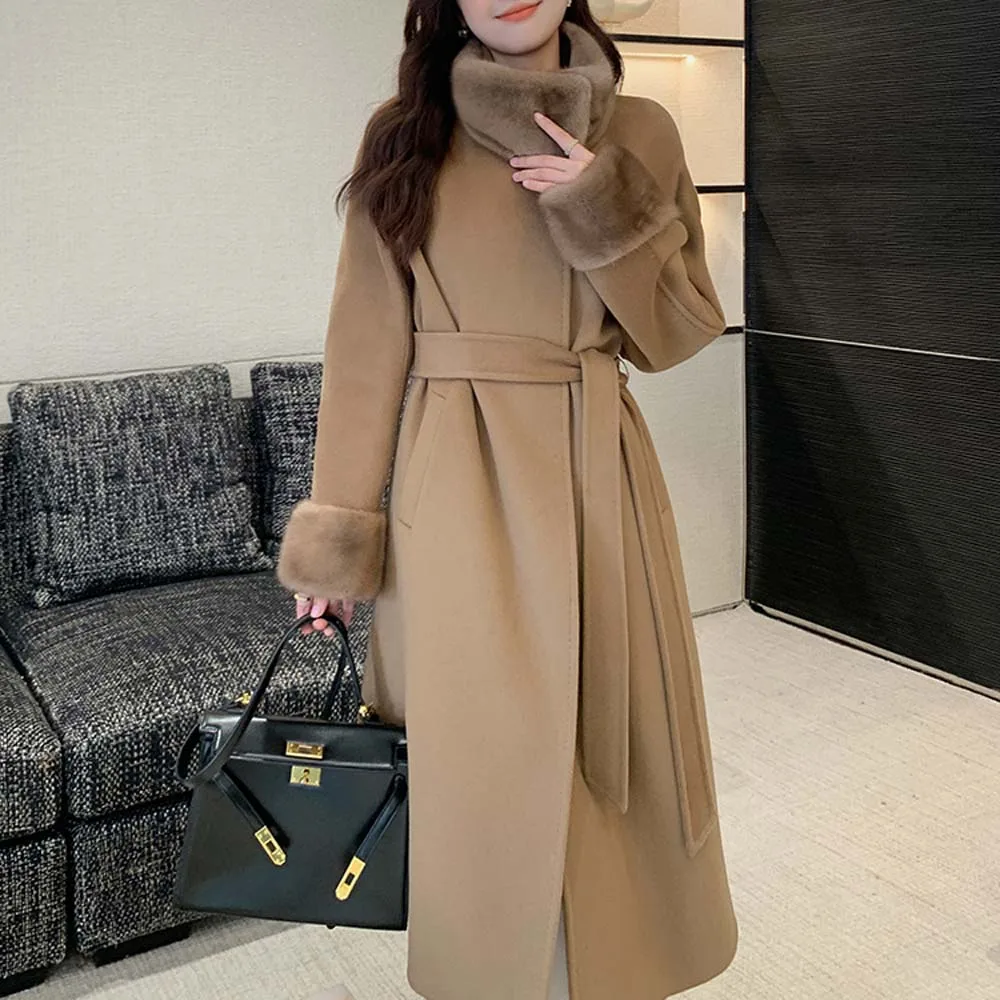 2025 Winter Women Thick Warm Cashmere Coat Elegant Black Overcoat Lace-up Patchwork Mink Fur Woolen Coats - Image 5