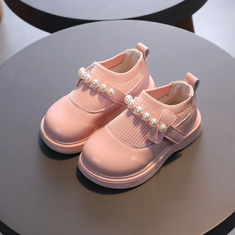 2024 Autumn New Pearls Princess Shoes for Children Soft Sole Outdoor Shoes Baby Girls Party Shoes Kids Pu Leather Shoes