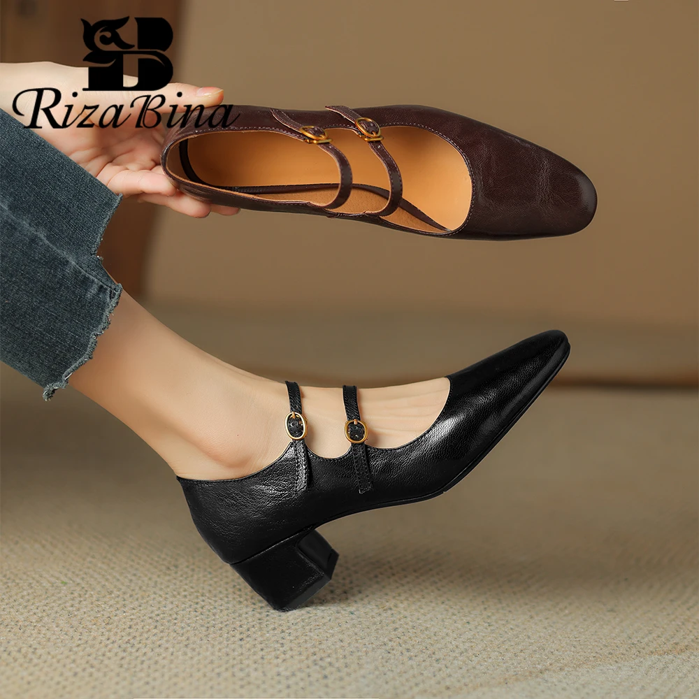 

RIZABINA Women Mary Janes Shoes Sheepskin Leather Double Belt Buckles Chunky Heel Pumps Lady Solid Color Casual Dress Shoes 2024