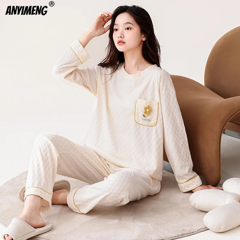 Autumn Winter Cotton Pajamas for Women Long Sleeves O-neck Sleepwear HQ Pijamas Causal Simple Purple Home Suit Ladies Pyjamas