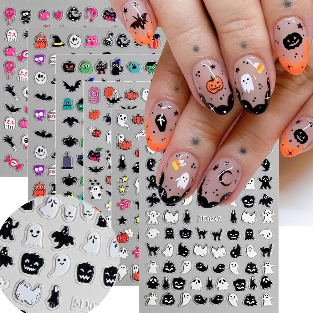 Halloween Ghost Pumpkin Nail Art Sticker 5D Cute Cartoon Spooky Spider Bat Skull Design Slider Dacals DIY Manicure Foils Sticker