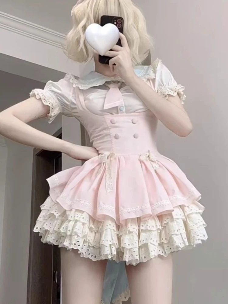 2024 Lolita Kawaii 2 Piece Sets Women Cute Slim Blouse Blouse + Sweet Lace Sleeveless Y2k Mini Dress Japanese Style Fashion Suit