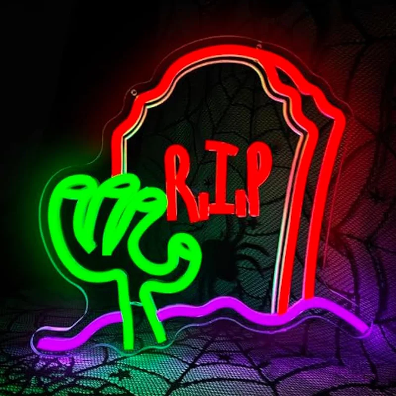 할로윈 호러 R.I.P 네온사인 조절 가능 LED 네온 조명 파티 장식 침실 거실 할로윈 장식 묘비 손 L