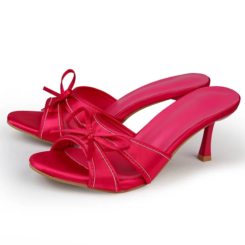 Sexy Summer High Heel Women Slippers Fashion Butterfly-knot Open Toe Slide Ladies Stripper Party Dress Sandalias