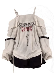 Autumn Women Goblin Core Dark Academia Design Gyaru T-Shirts Long Sleeve Tees Gothic Top 2000s Aesthetic Coquette Gyaru Harajuku