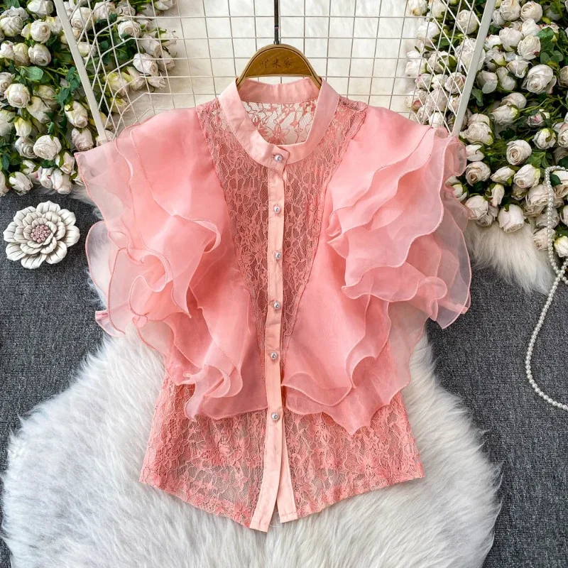 A Niche and Sweet Ins Lotus Leaf Sleeve Stand-up Collar Shirt for Women ，a Sexy Lace Patchwork Slimming and Figure-hugging Top