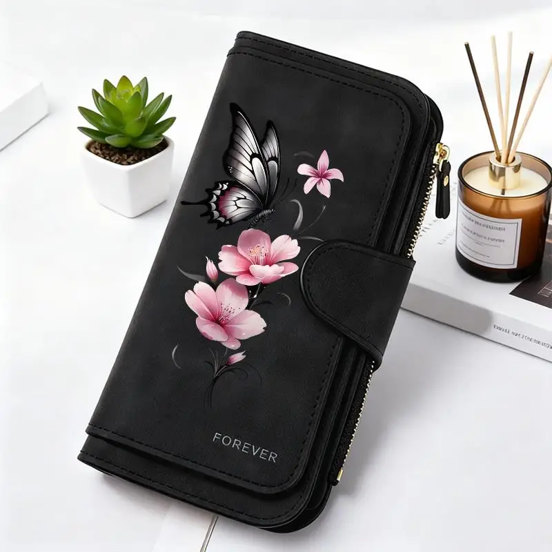 Butterfly Flower Women's Long Wallet Features Multiple Card Slots A Coin Pocket and Cell Phone Pouch Perfect Gift for Women