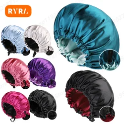 Adjustable Double Layer Satin Bonnet Nightcap Doubleside Women Round Shower Caps Night Sleep Polyester Hat Solid Black Lining