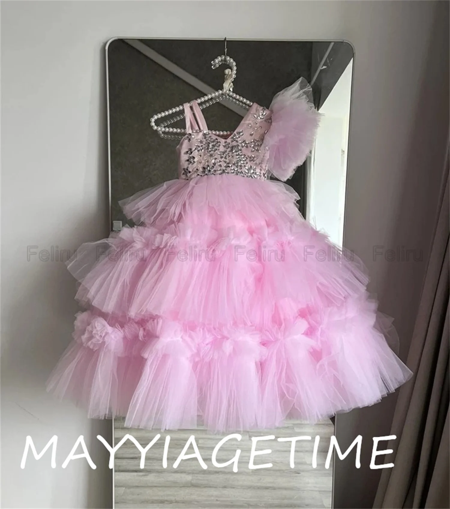 New Crystal Tulle Ruffles Pageant Dresses For Girls Tiered Tulle Kids Flower Girl Wedding Dresses Birthday Party Gown