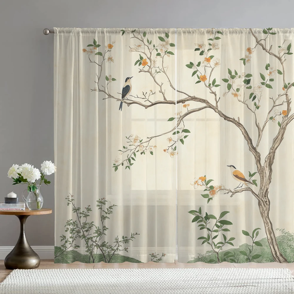 2Pcs Flower Bird And Yellow Flower Small Tree Print Home Decoration Window Screens Suitable For Coffee Shops, Restaurants