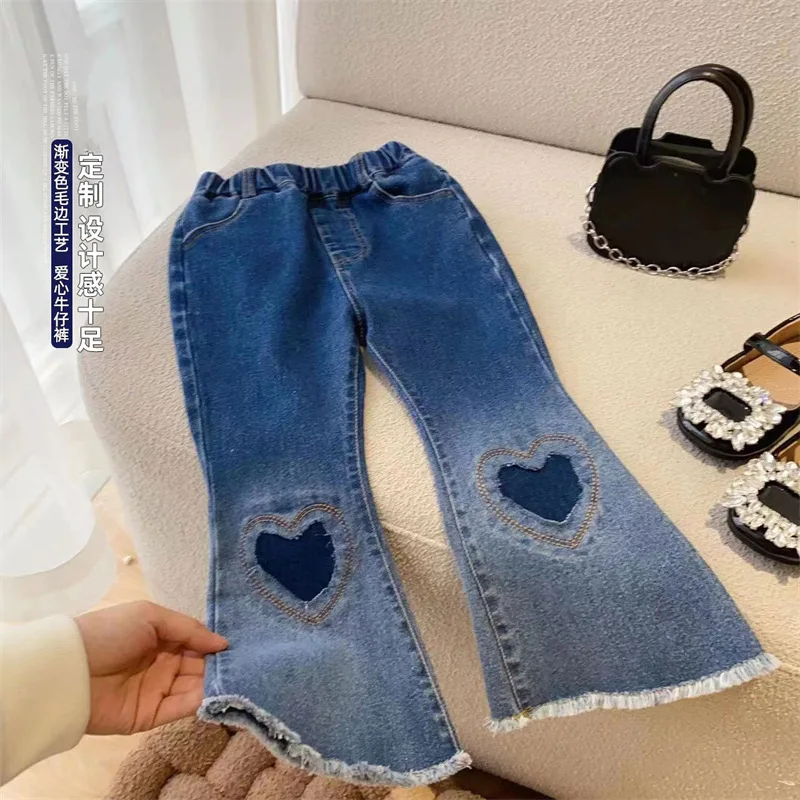 

2024 Autumn Girls Cute Heart Jeanas Pant Kids Casual Denim Trousers