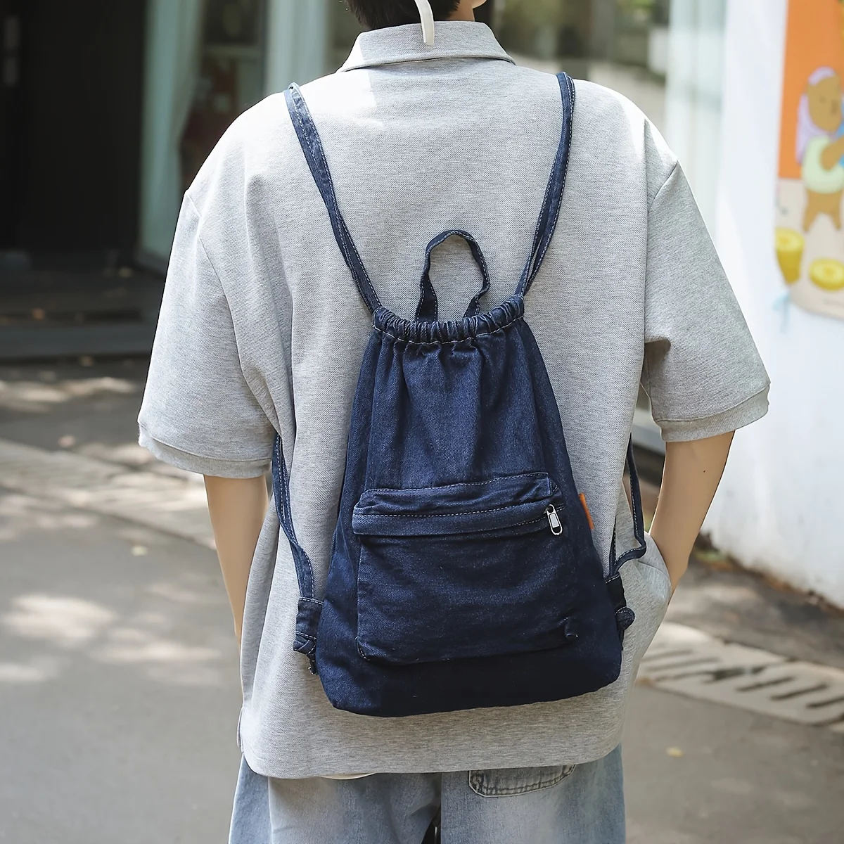 Schoolbag male college student ins japanese style Harajuku denim drawstring backpack male junior high school student high school large capacity