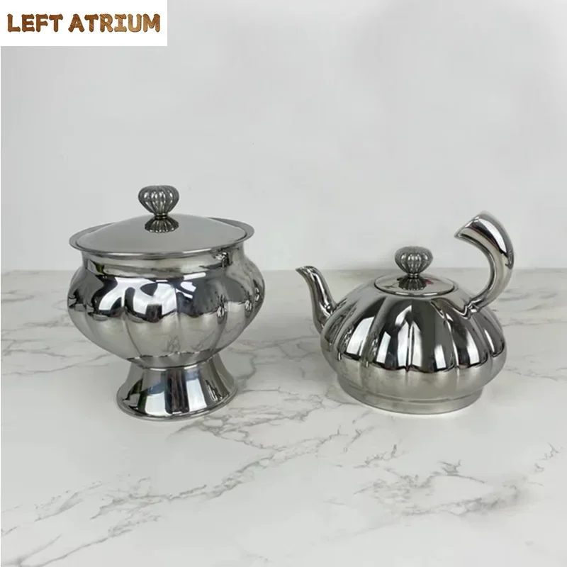 

Nordic Stainless Steel Pumpkin Striped Teapot, Luxurious Retro Tea Bowl, Coffee Pot, Candy Jar with Lid, Home Decoration