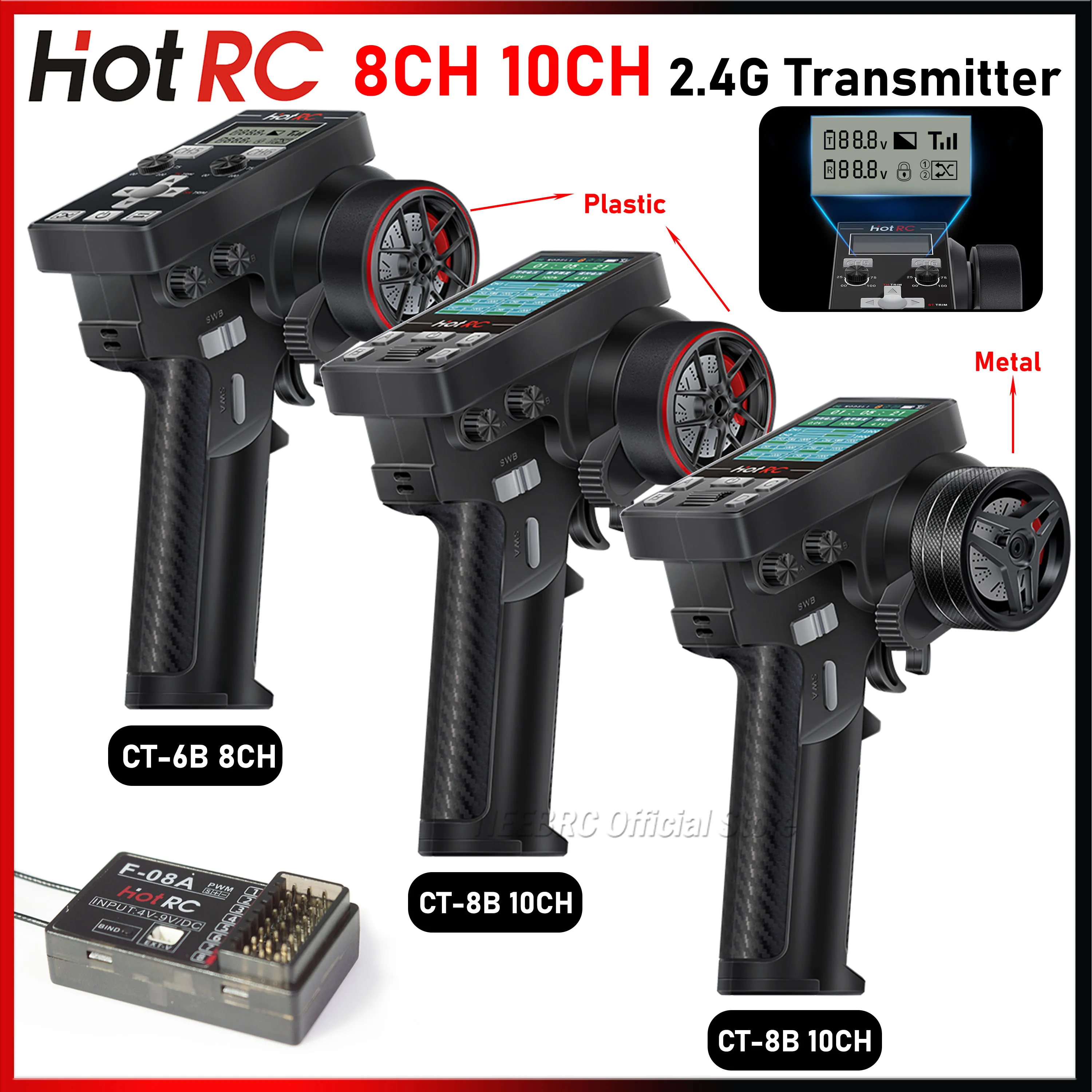 HOTRC CT-6B CT-8B 8/10CH 2.4G Transmitter Remote Control Radio System F-08A Receiver Voltage Return for RC Ship Car Boat Tank