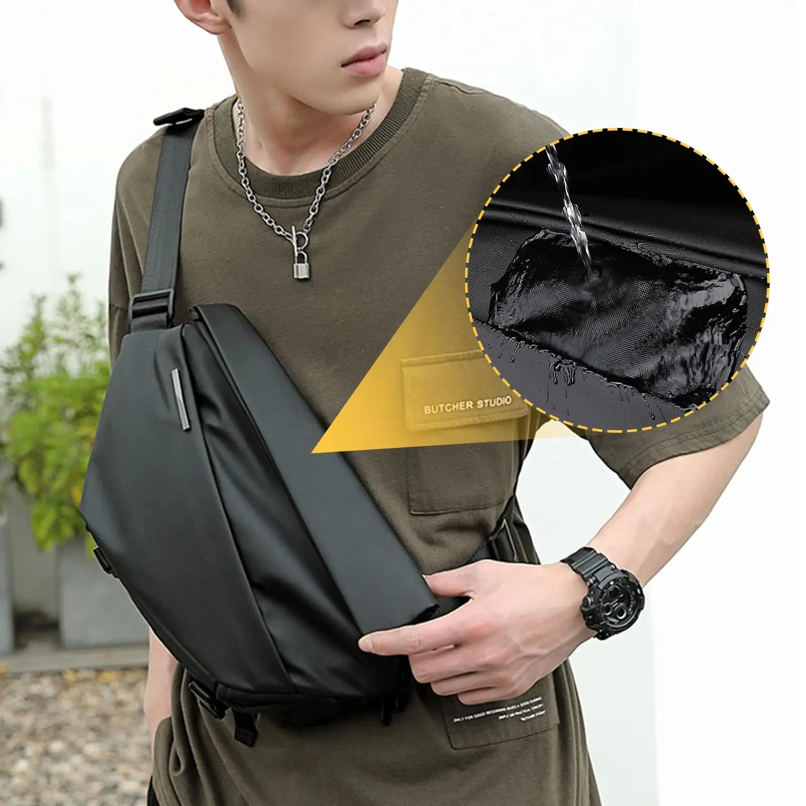 Herren Umhängetasche Wasserdichte Motorrad-Brusttasche Modische Lässige Crossbody-Schultertasche für Reisen Arbeit Telefon Zubehör Aufbewahrung – Detail 12