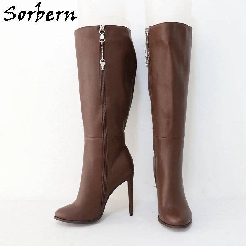 Sorbern Custom Knee High Boots Women Lockable Zipper Winter Unisex Style Cute Round Toe Stilettos High Heel Big Size Eu33-48