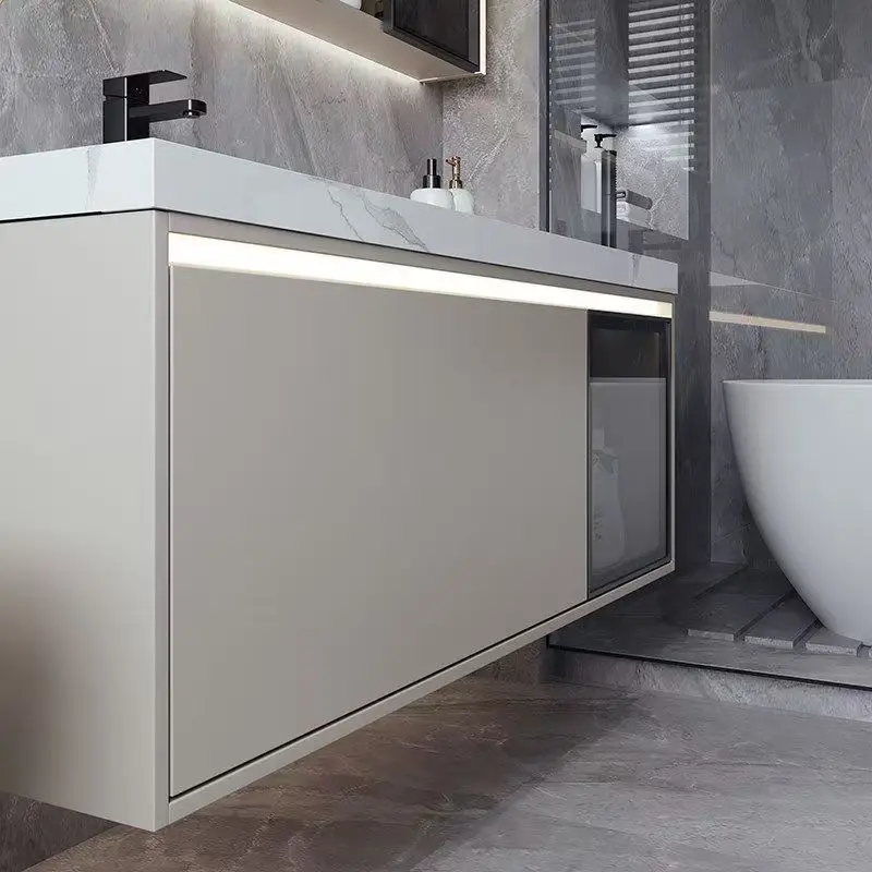 Modern LED Smart Mirror Wooden Floating Cabinet Wall Mounted Bathroom Vanity Set With Seamless Sink