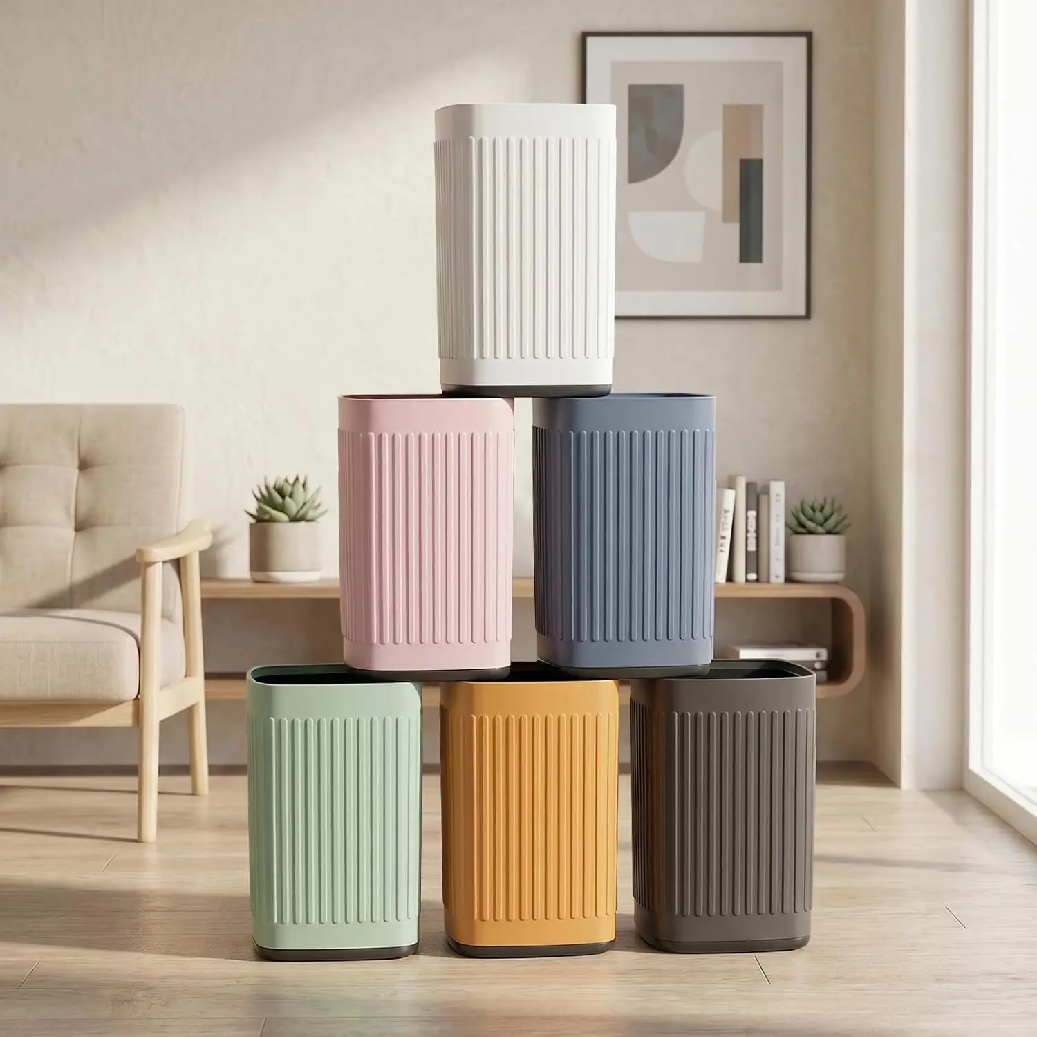 Freestanding Metal‑Plastic Square Trash Can Waste Basket, 10L/2.6G Open‑Top Bin, Waterproof Drop‑Resistant with Non‑Slip Base Multi‑Color for Bathroom Bedroom Living Room Office