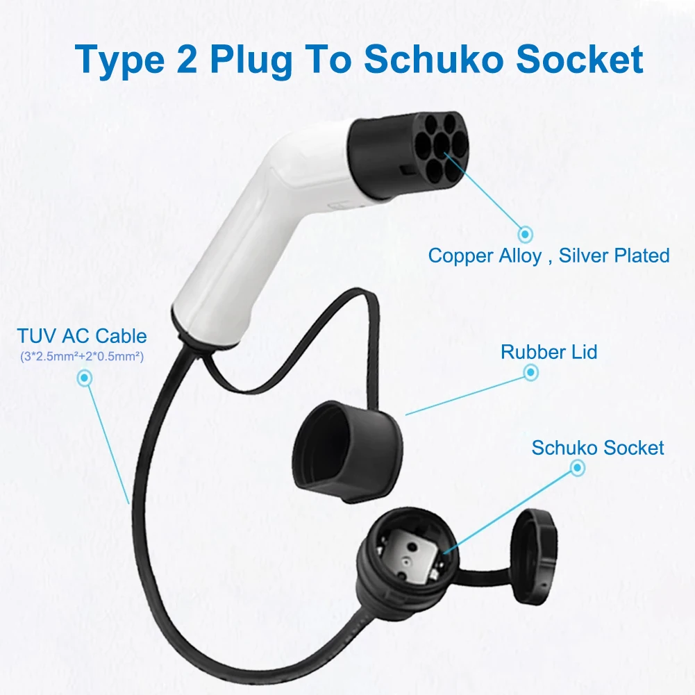 Type 2 to Schuko Adapter 16A IEC 62196 Type 2 to European Domestic Socket for Electric Scooters E-Bikes