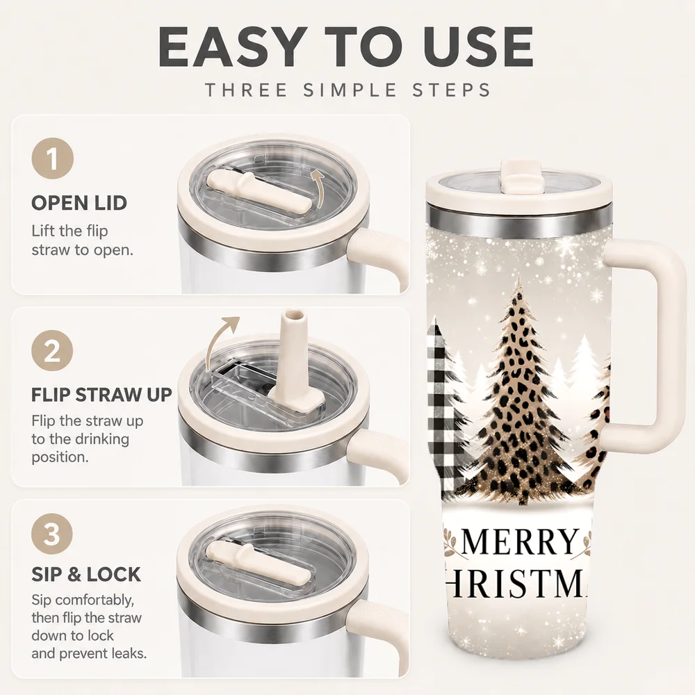 Neutral Vintage Leopard Print Winter Vacuum Flasks 40oz Insulated Tumbler Handle Straw Lid Leakproof Stainless Steel Travel Cup