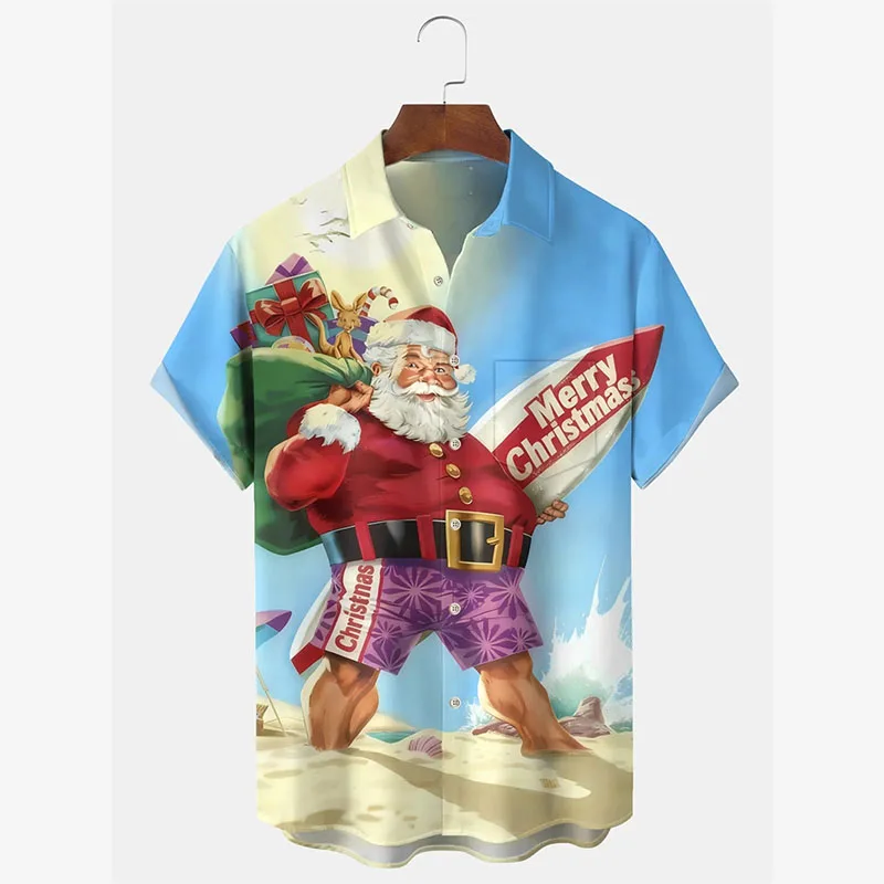 هاواي شاطئ تصفح عيد الميلاد موضوع طباعة قمصان للرجال مضحك سانتا كلوز زر التلبيب هاواي قمصان مهرجان الاتجاه القمصان