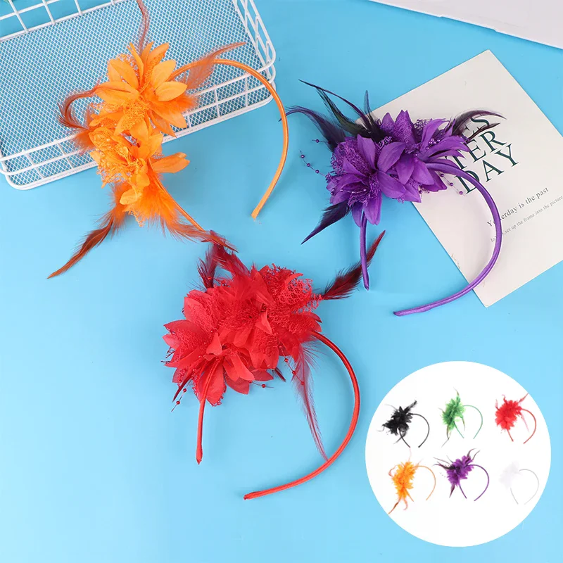 1Pcs Women Fascinator Hat Headband Flower Feather Mesh Yarn Cocktail Party Wedding Hair Accessories Head Decoration