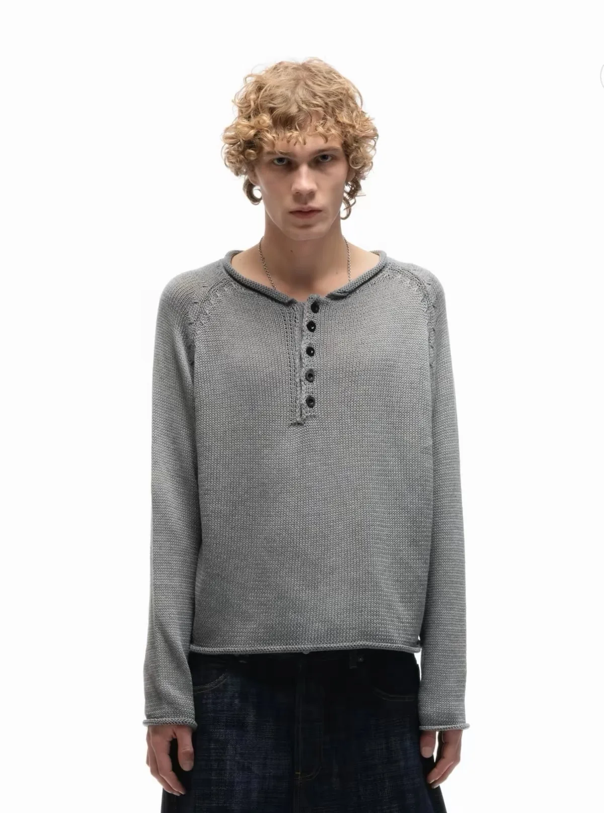 Grey Roll‑Edge Button Crew‑Neck Long‑Sleeve Knit Sweater view 5