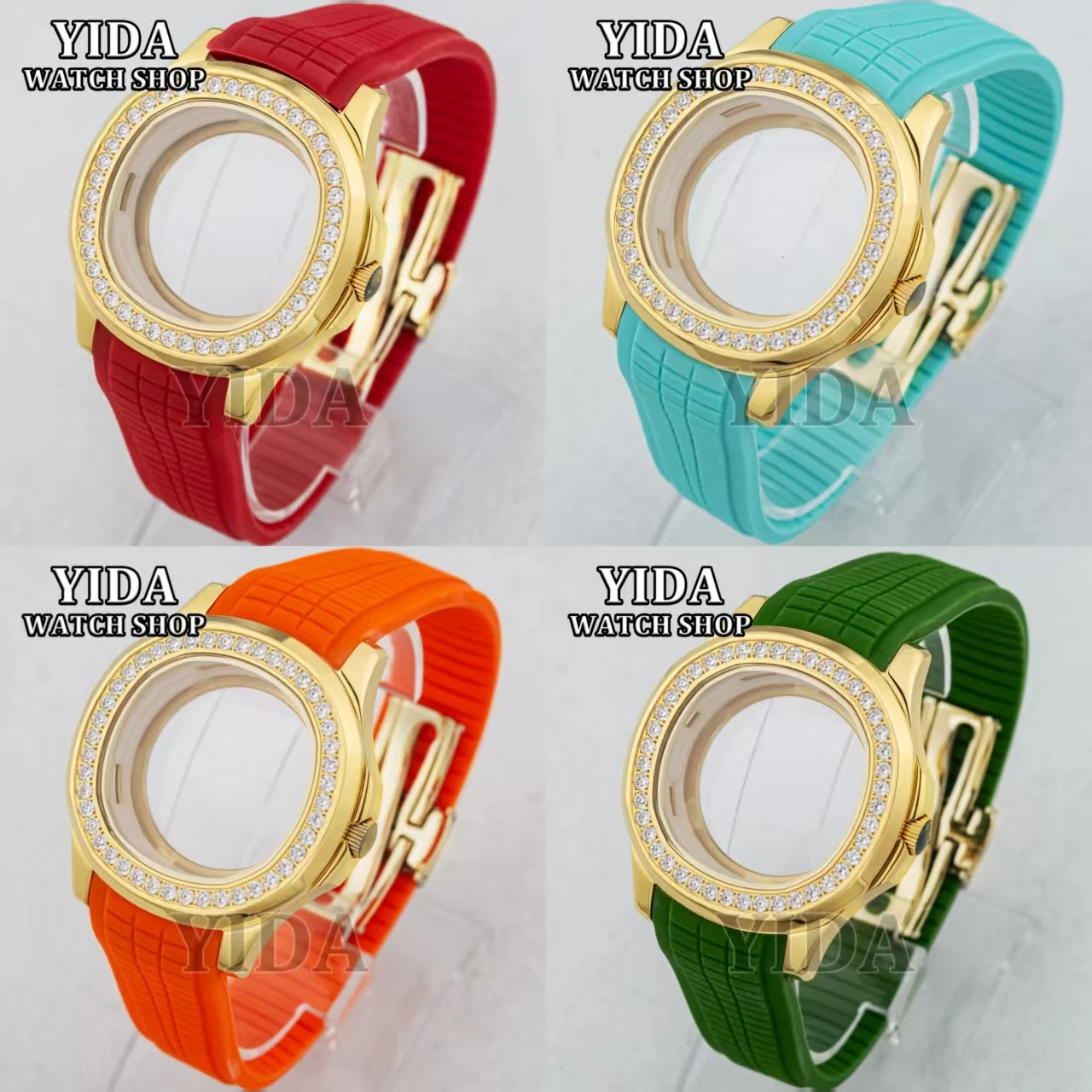 

NH35 Watch case 42MM Diamond Gold Case Rubber Strap Sapphire Glass for AQUANAUT Nautilus NH35 NH36 Movement Watch Replacements