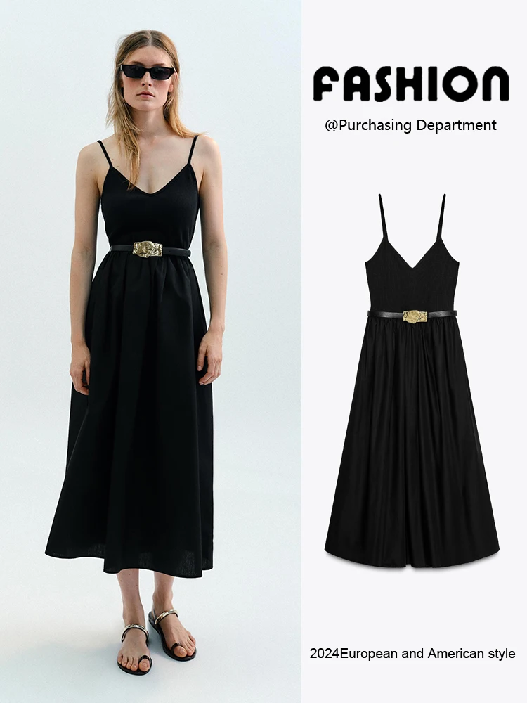 

Summer New Arrival Women's Svel Belted Patchwork Midi Dr Midi Dr with Belt Ele Simple Color Pure Color Gown