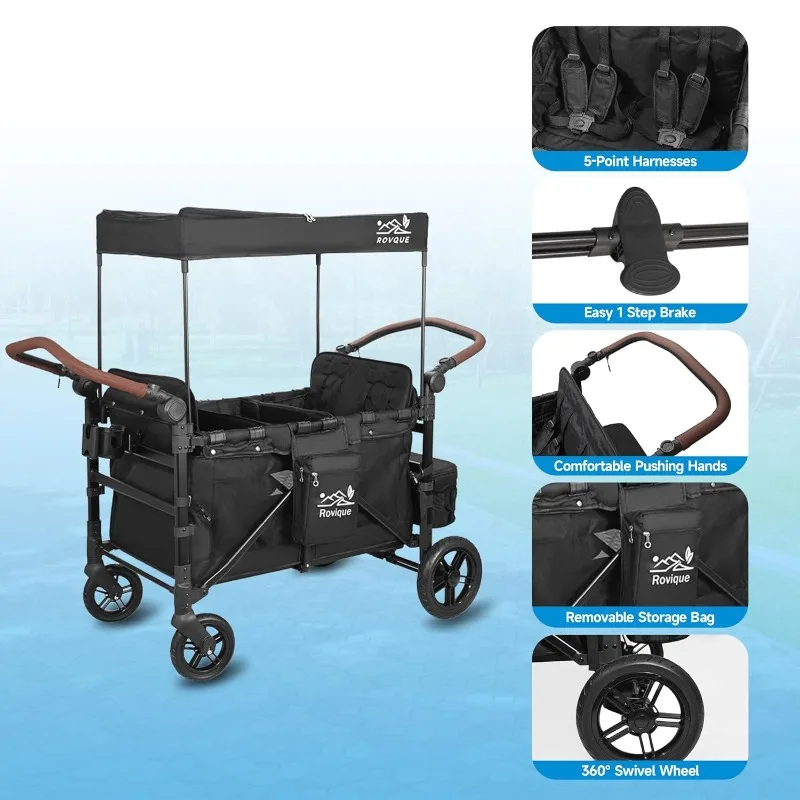 4人乗りワゴンベビーカー、キャノピー付き折りたたみ式全地形クワッドワゴンベビーカー、取り外し可能なトレイ、調節可能なハンドル、ハイシート&ラージ