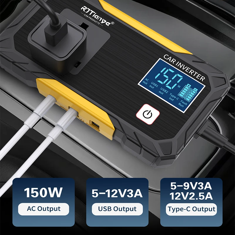 150W Max Digital Display Car Power Inverter For Car Truck 12V 24V To 220V Auto Voltage Converter Adapter With AC Port USB TYPE C