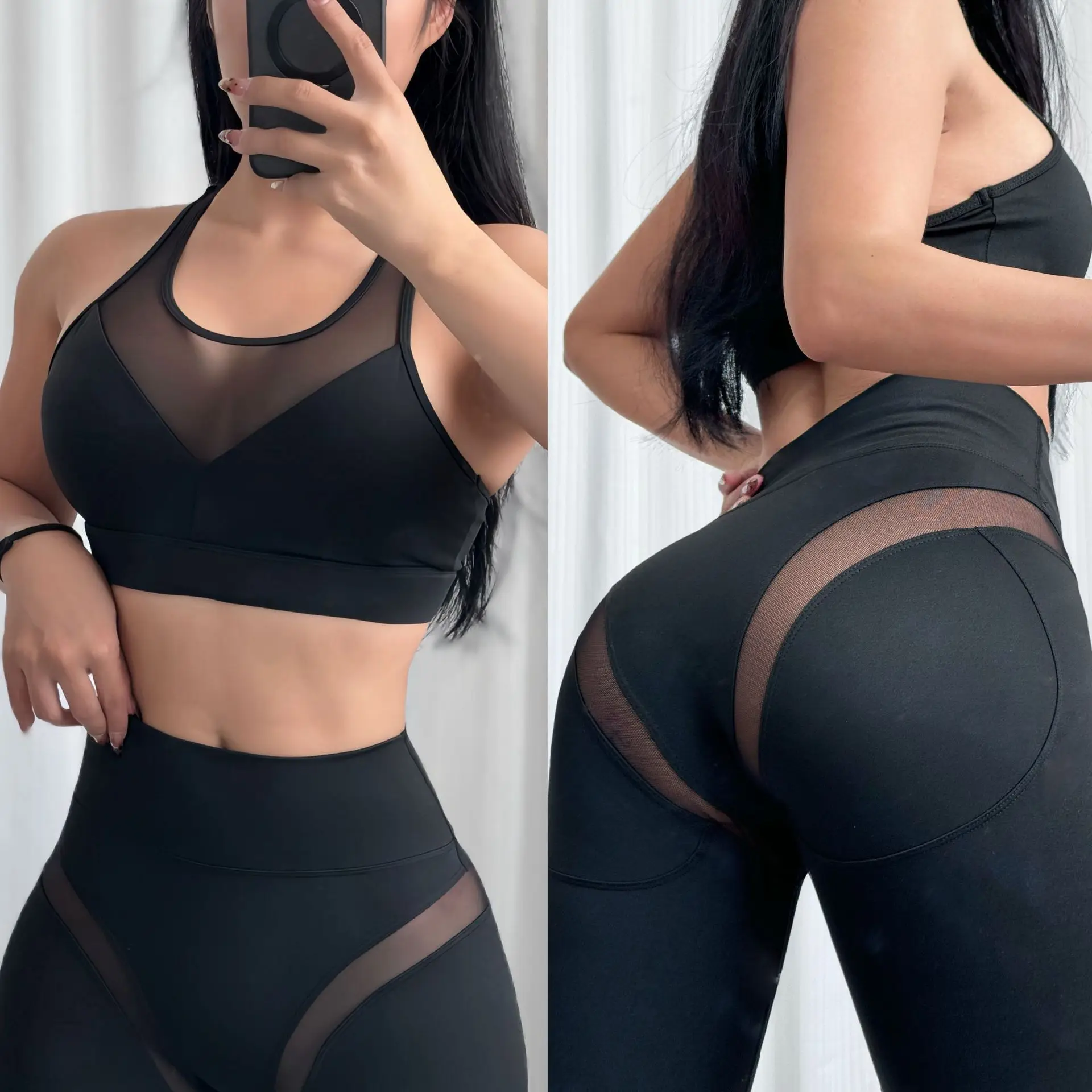 

Set!Cross-border Mesh Splicing Bra Women's Fitness Yoga Fishing Net High-waisted Leggings Nude Without Embarrassment