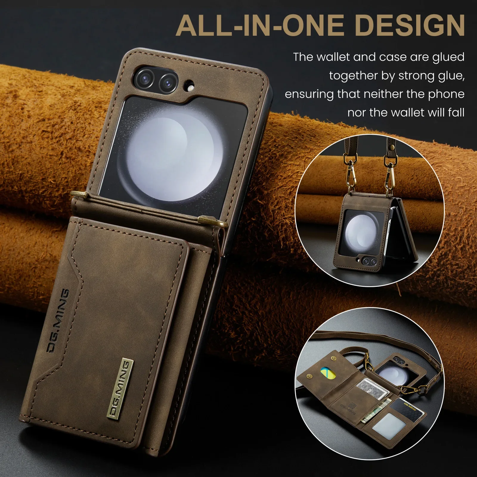 

Premium Leather Kickstand Vintage Case for Samsung Galaxy Z Flip 6 Flip 5 4 3 Card with Crossbody Wallet Cards Slot Holder