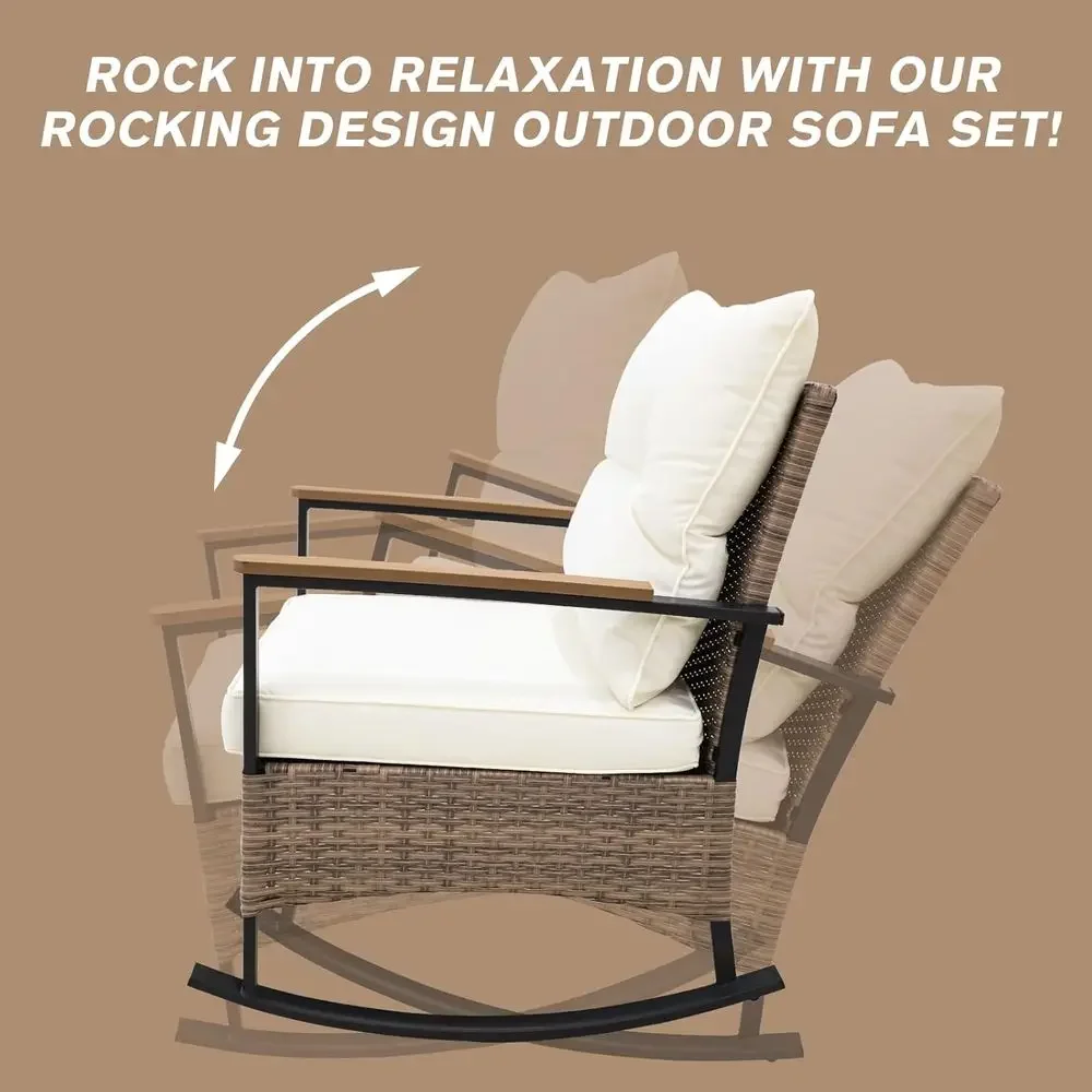 3-Piece Outdoor Patio Furniture Set with Rocking Chairs and Side Table, Wicker Bistro Style, Brown/Beige