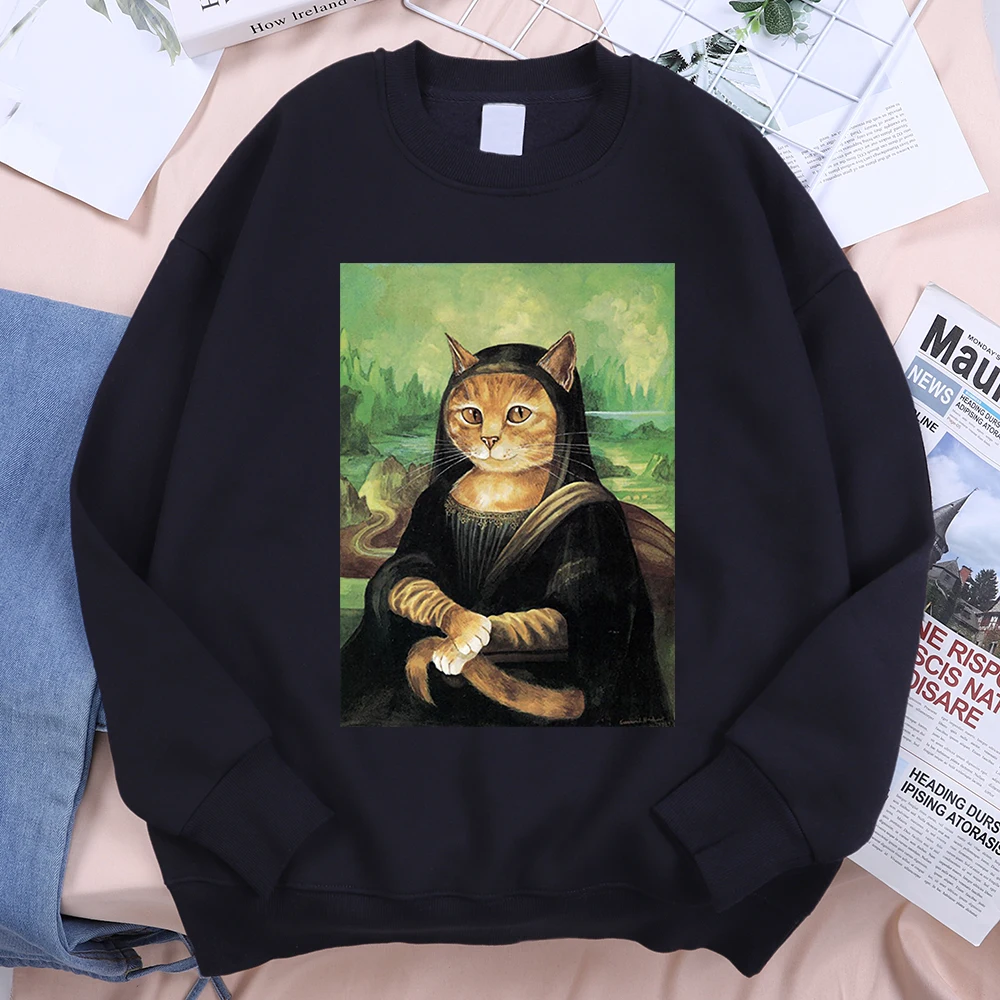 Orange Cat Parodies Mona Lisa Man Hoody For Women Casual Loose Sweatshirt Creativity O-Neck Clothes Autumn High Quality Hoodie