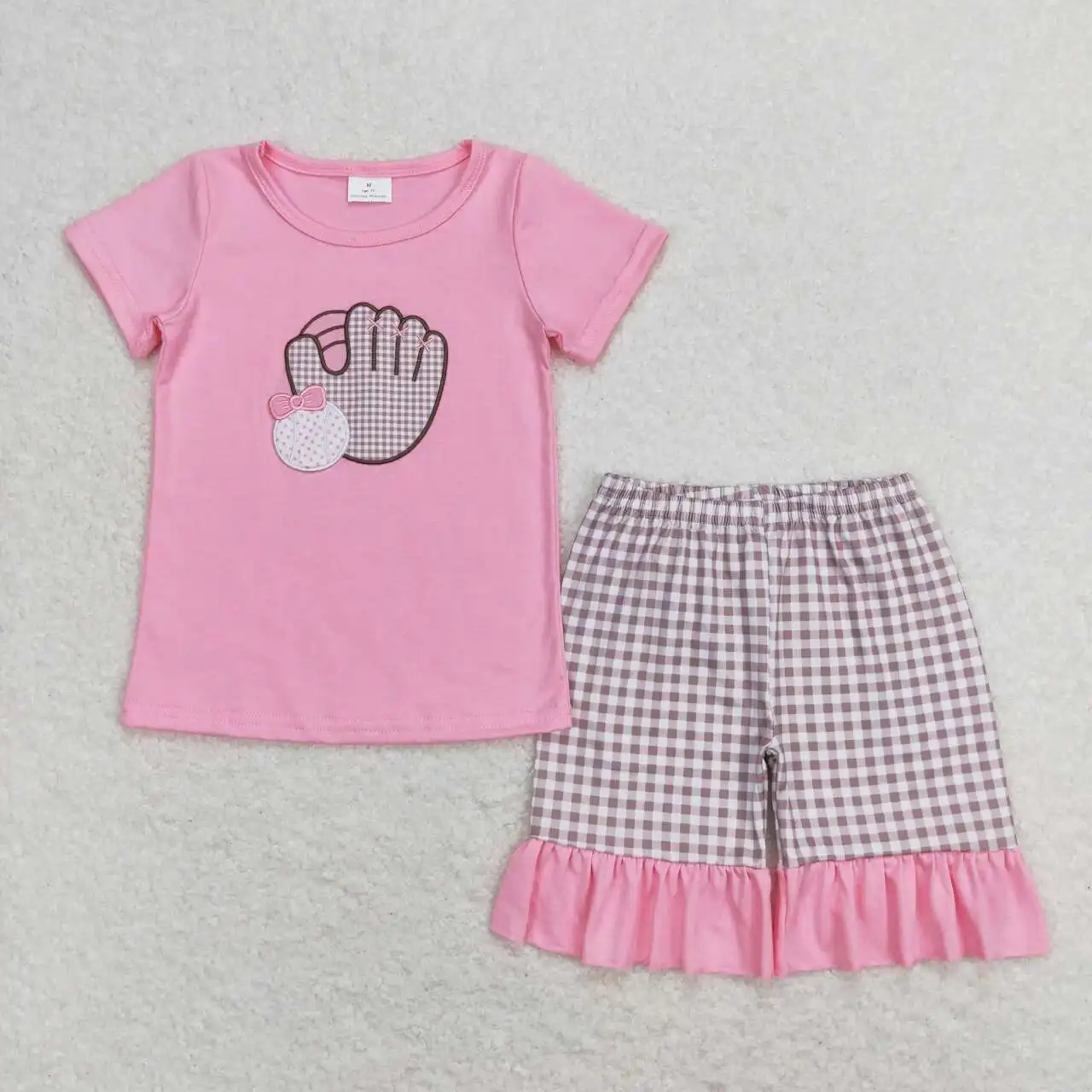 

Toddler girls baseball embroidery Outfits Clothes Baby Short Sleeves Top pink Shorts Children Wholesale boutique sets clothing