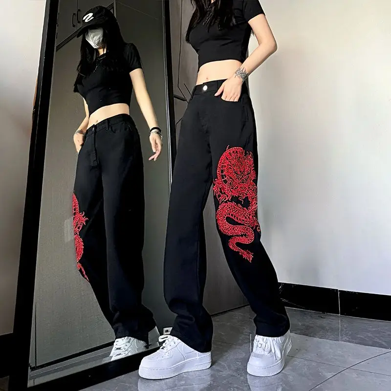 Embroidered Dragon Totem Jeans Hip Hop Baggy Jeans Streetwear Y2k Men’S Jeans Loose Wide Leg Denim High Quality