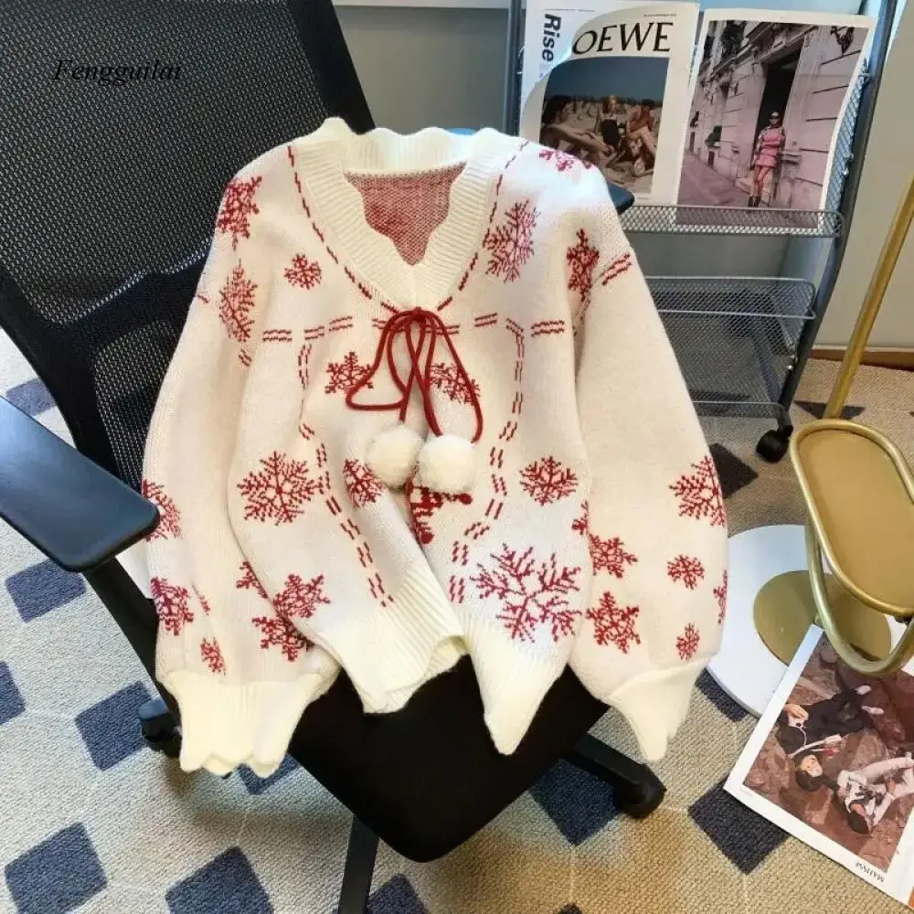 

Christmas Knitted Sweaters for Women Vintage Fashion Long Sleeve Jumpers Print Loose V Neck New Autumn Winter Pullovers