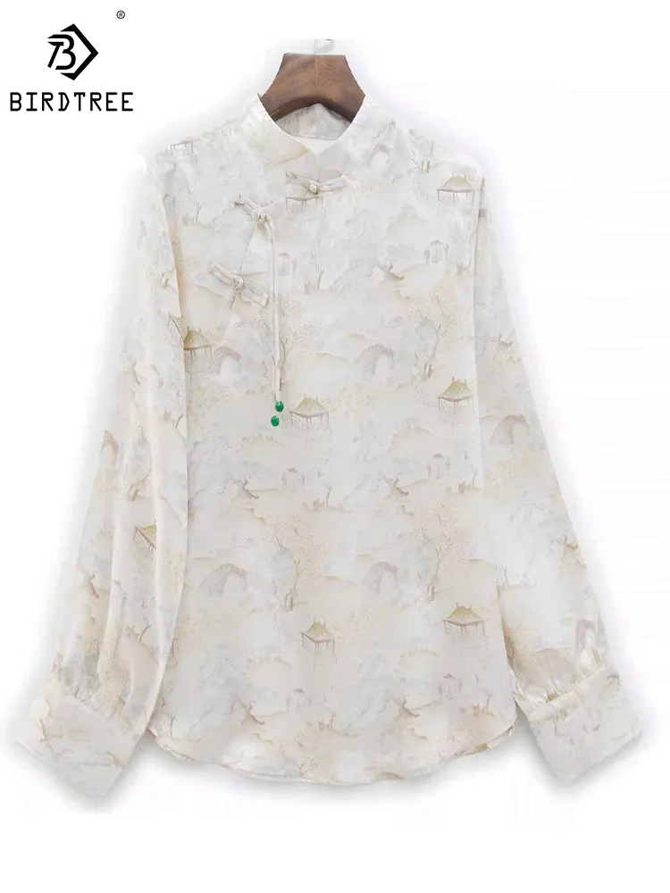 

Birdtree 25MM Real Silk Sangbo Satin Jacquard Shirt Floral Chinese Style Vintage Long Sleeve Tops 2024 Spring Autumn T3D011QM