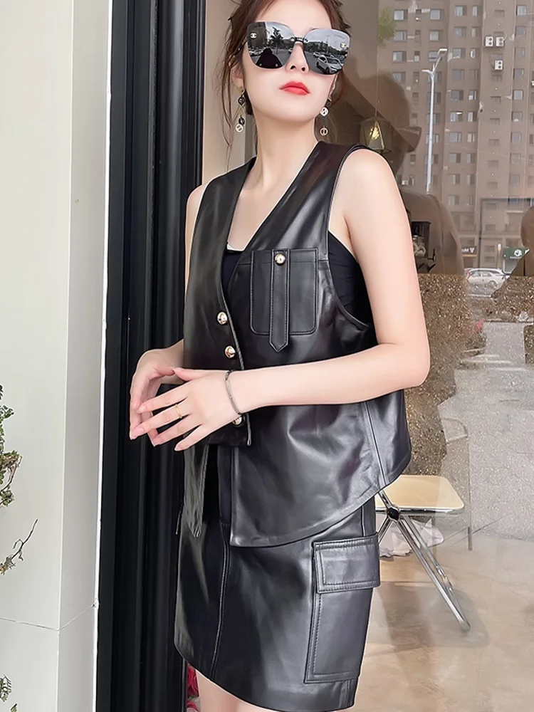New Fashion Women V Neck Irregular Slim Fit Vest Top Sleeveless Jacket Natural Sheepskin Genuine Leather Vest Casual Waistcoat