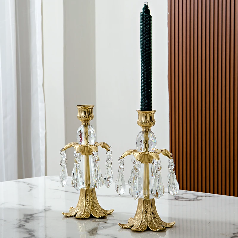 Brass Candle Holder Copper Crystal Candle Stand Antique Taper Candlestick for Home Hotel Wedding Center Table Decoration