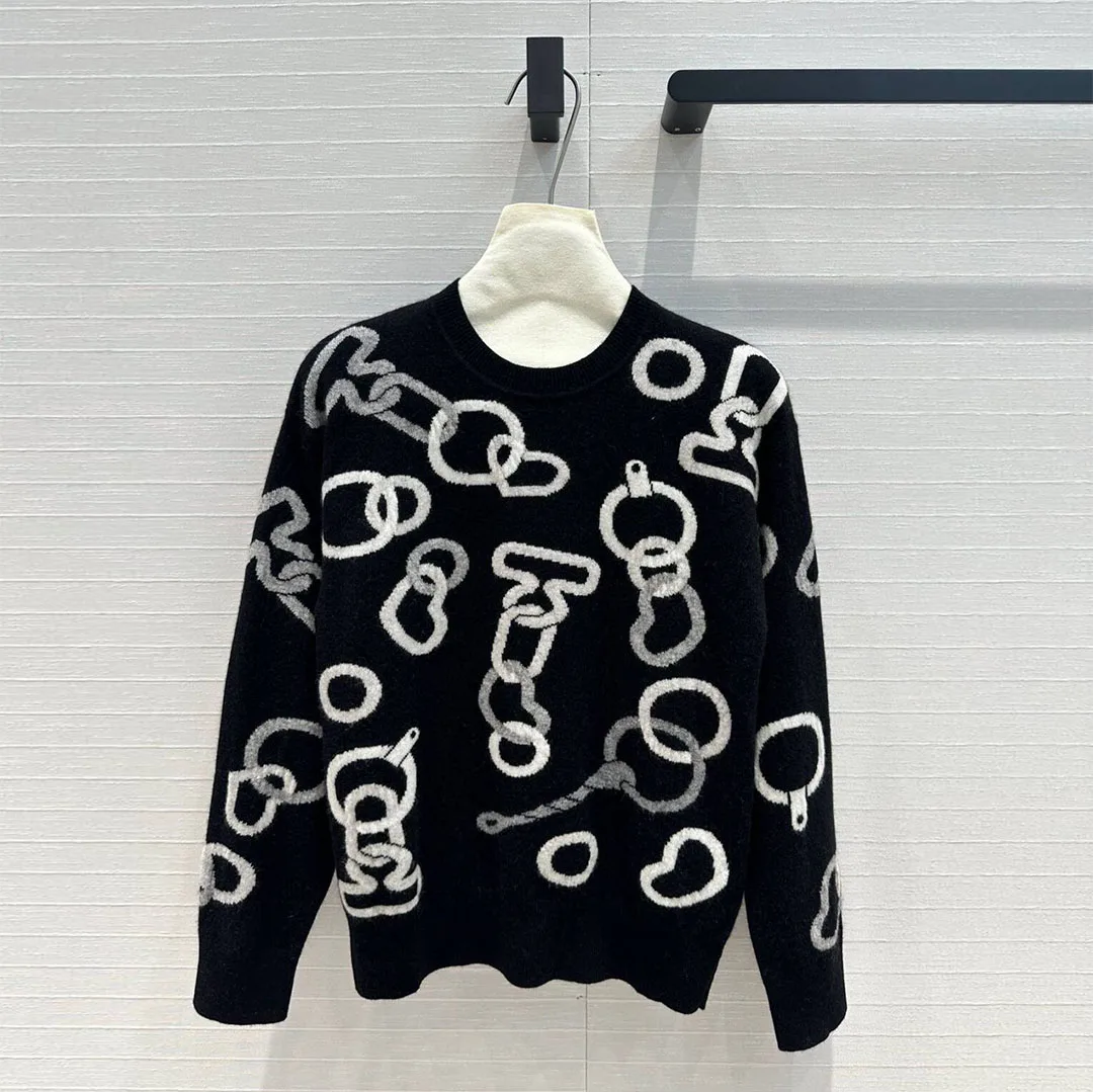 New Fashion Wool Cashmere Blends Knitted Jumper Women Sweater O-neck Long Love Ring Buckle Jacquard Autumn Cashmere Pullover