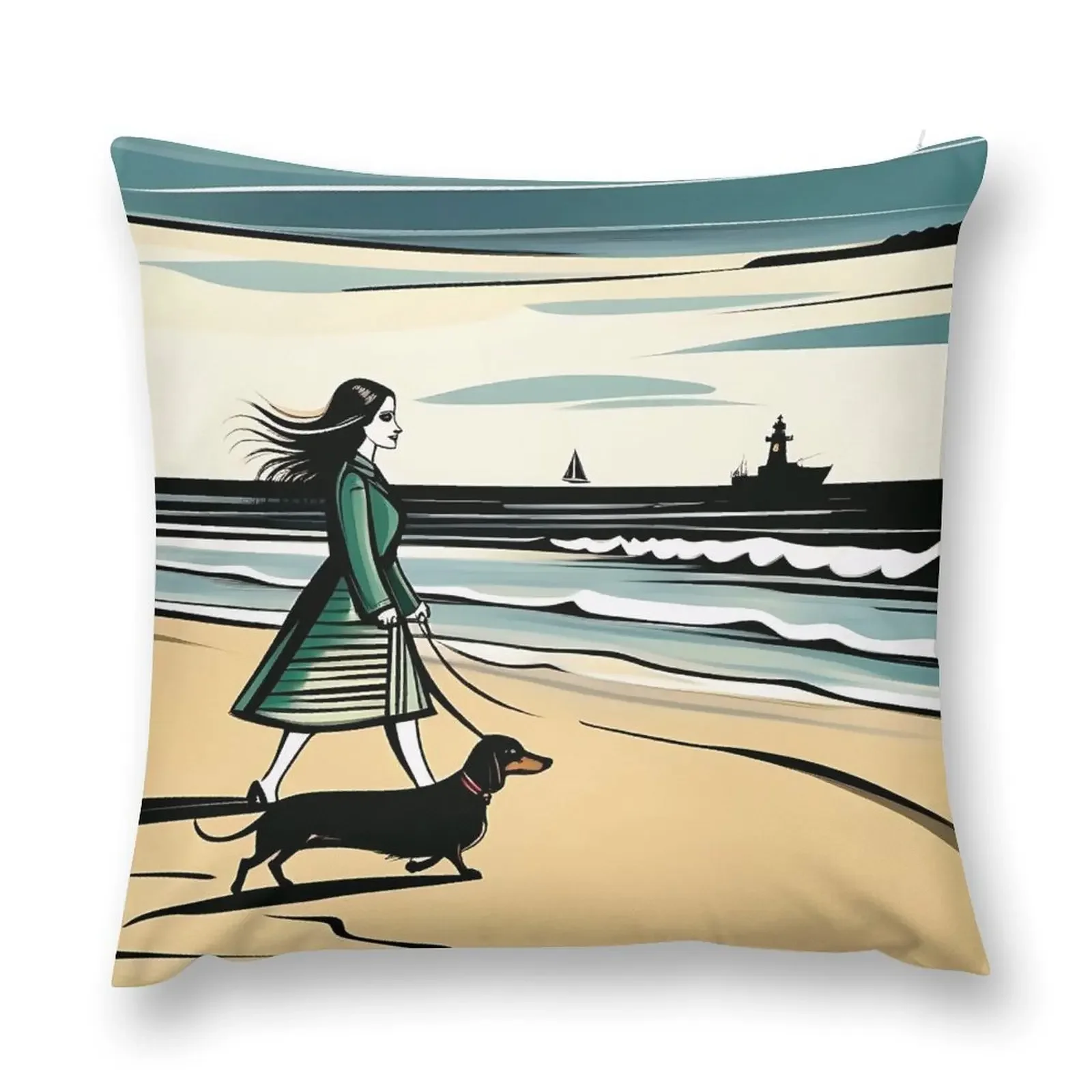 A girl walking on the seashore with a dachshund dog. Throw Pillow Pillow Cases Custom Cushion Photo Cushions For Sofa pillow