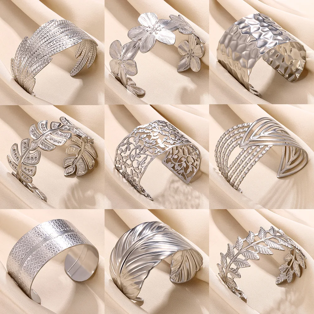 Silver Color Leaf Wide Cuff Bangles For Women Stainless Steel Adjustable Bracelet Fashion Party Jewelry Christmas Gifts