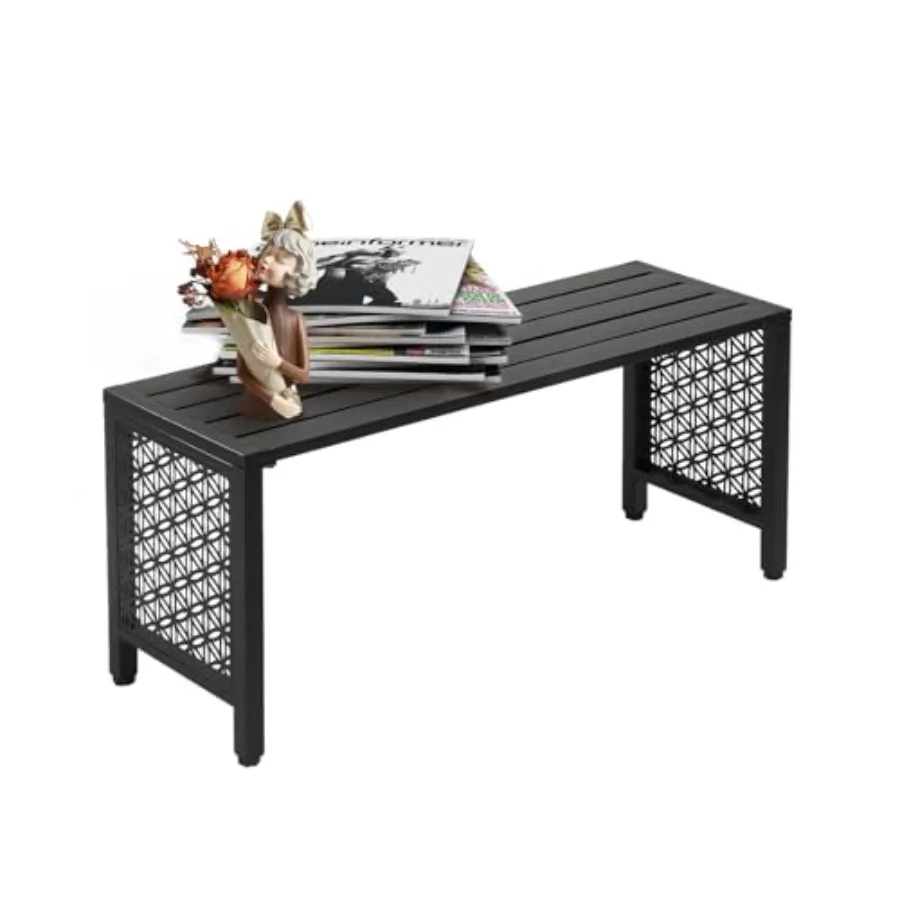 

Outdoor metal bench for patio and backyard use rust-resistant black finish slatted seat with floral side panels all-weather wea