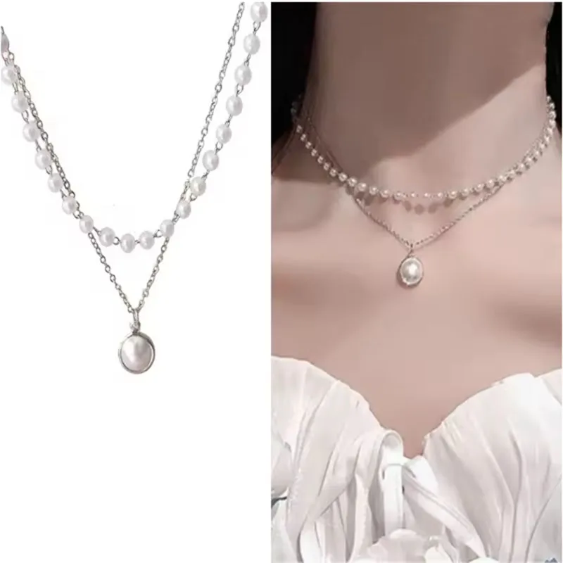 

Korean Fashion Pearl Necklace For Women Jewelry Choker 2025 Trending New Sweet Women's Double Layer Pearl Pendant Necklaces