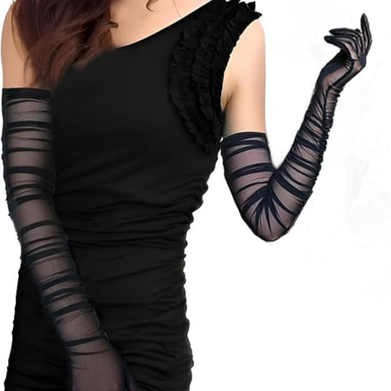 70CM Sexy Mesh Folds Ruffles Long Gloves Multicolored High Elasticity Elegant Women ’s Accessories Opera Bride Wedding
