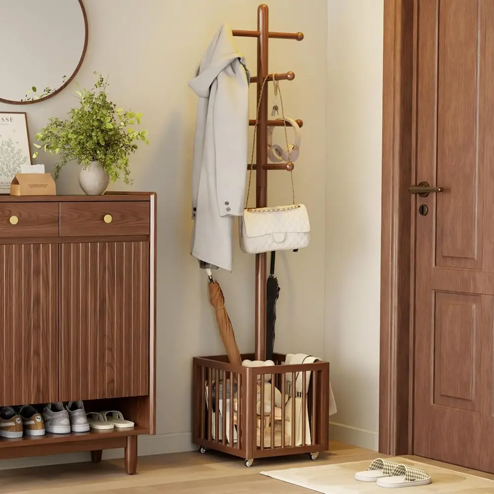 Solid Wood reestanding Coat Rack with 10 Adjustale Hooks, Storaasket and Lockale Casters, Organizes Hats, Clothes and ags or Ent